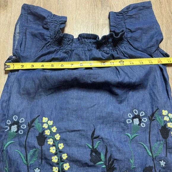 Allison New York Off The Shoulder Denim Embroidered Floral Mini Dress XS - Picture 6 of 7